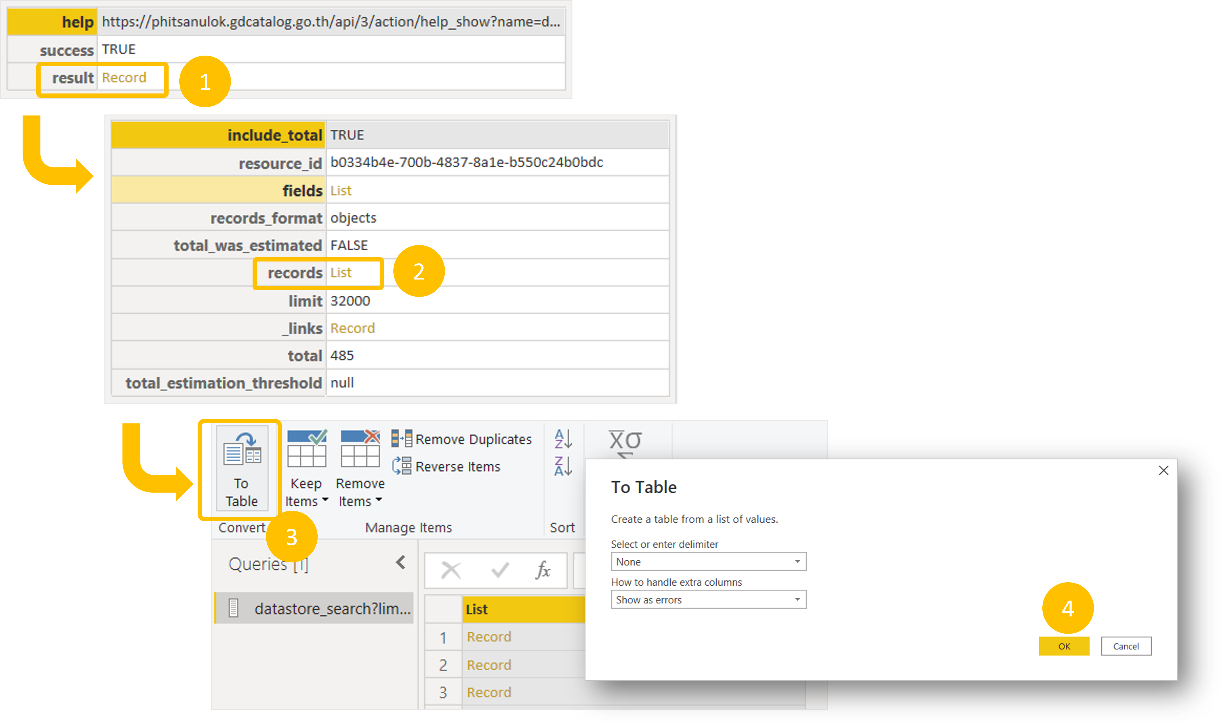 How to correctly select where the data is, to show on Power Query